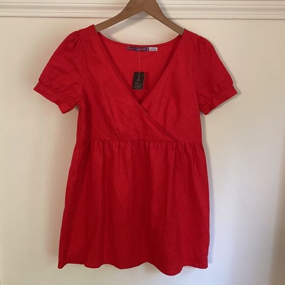 Red Linen Babydoll Mini Dress - Picture 4 of 13